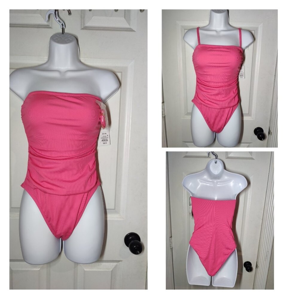 Shade & Shore Pink Ruched Ribbed Convertible‎ One-Piece Swimsuit S 4-6 NWT